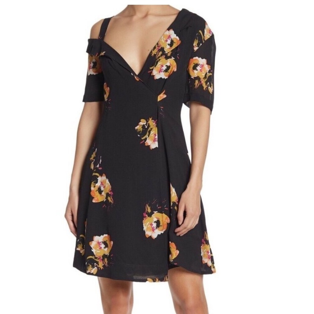 A.L.C. Black Saffron Lucia Floral‎ Silk Faux Wrap Asymmetric Hem Mini Dress - 6